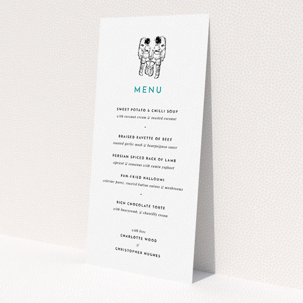 A wedding menu card design titled "One small step". It is a tall (DL) menu in a portrait orientation. "One small step" is available as a flat menu, with tones of white and green.