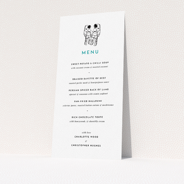 A wedding menu card design titled "One small step". It is a tall (DL) menu in a portrait orientation. "One small step" is available as a flat menu, with tones of white and green.