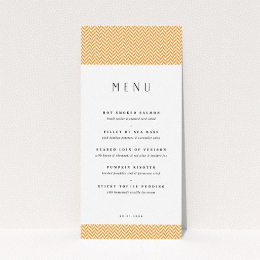 A wedding menu card design called "Orange Houndstooth". It is a tall (DL) menu in a portrait orientation. "Orange Houndstooth" is available as a flat menu, with tones of orange and white.