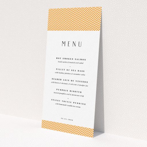 A wedding menu card design called 'Orange Houndstooth'. It is a tall (DL) menu in a portrait orientation. 'Orange Houndstooth' is available as a flat menu, with tones of orange and white.