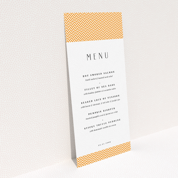 A wedding menu card design called "Orange Houndstooth". It is a tall (DL) menu in a portrait orientation. "Orange Houndstooth" is available as a flat menu, with tones of orange and white.