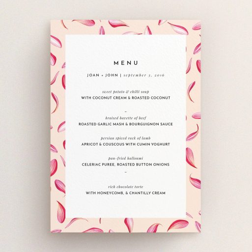 Wedding Menu Card Design - "Petal avalanche" A wedding menu card template titled "Petal avalanche". It is an A5 menu in a portrait orientation. "Petal avalanche" is available as a flat menu.