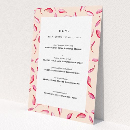 A wedding menu card template titled 'Petal avalanche'. It is an A5 menu in a portrait orientation. 'Petal avalanche' is available as a flat menu.