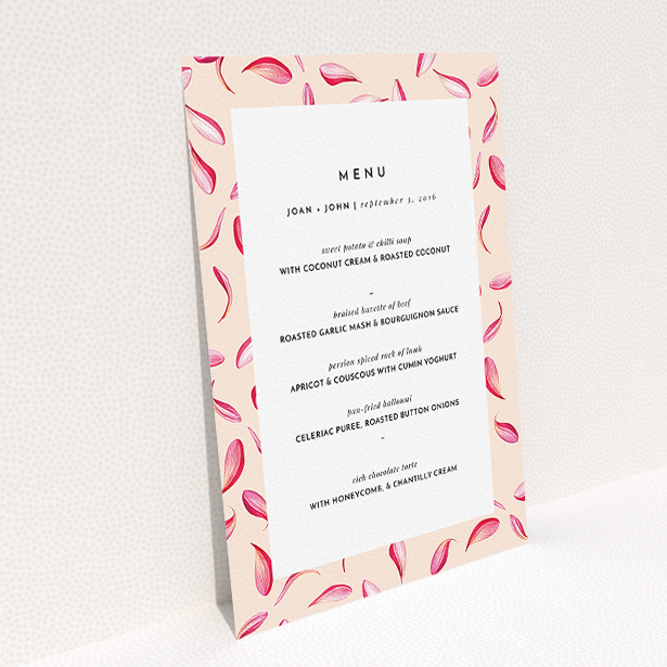 A wedding menu card template titled "Petal avalanche". It is an A5 menu in a portrait orientation. "Petal avalanche" is available as a flat menu.
