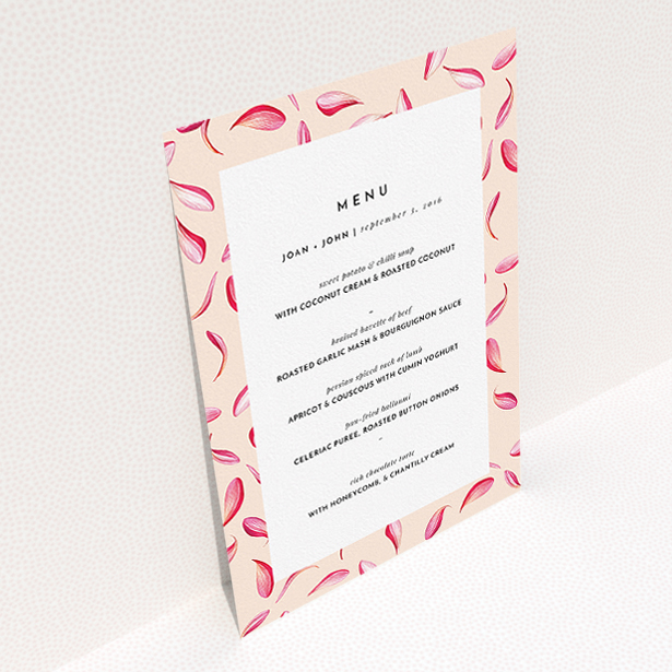 A wedding menu card template titled "Petal avalanche". It is an A5 menu in a portrait orientation. "Petal avalanche" is available as a flat menu.