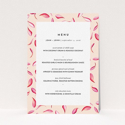 A wedding menu card named "Petal avalanche". It is an A6 menu in a portrait orientation. "Petal avalanche" is available as a flat menu.
