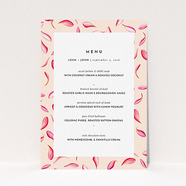 A wedding menu card named "Petal avalanche". It is an A6 menu in a portrait orientation. "Petal avalanche" is available as a flat menu.