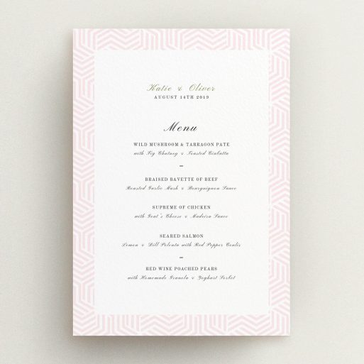 Wedding Menu Card Design - "Pink geometric maze" A wedding menu card named "Pink geometric maze". It is an A5 menu in a portrait orientation. "Pink geometric maze" is available as a flat menu, with tones of pink and white.