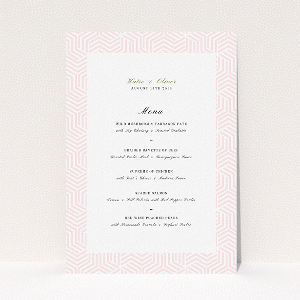 A wedding menu card named "Pink geometric maze". It is an A5 menu in a portrait orientation. "Pink geometric maze" is available as a flat menu, with tones of pink and white.