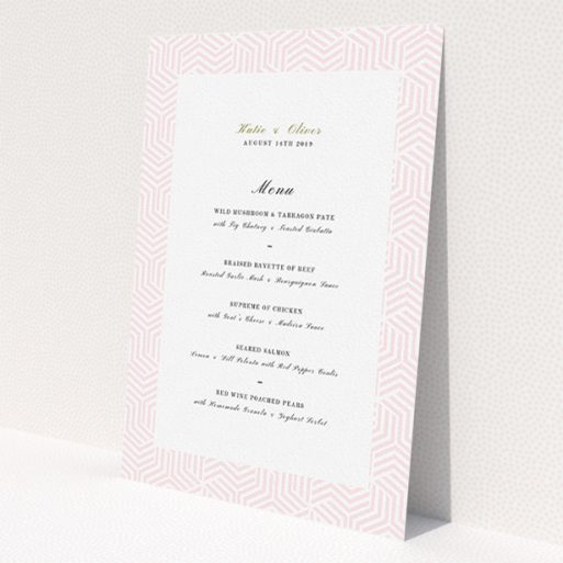 A wedding menu card named 'Pink geometric maze'. It is an A5 menu in a portrait orientation. 'Pink geometric maze' is available as a flat menu, with tones of pink and white.