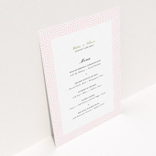 A wedding menu card named "Pink geometric maze". It is an A5 menu in a portrait orientation. "Pink geometric maze" is available as a flat menu, with tones of pink and white.