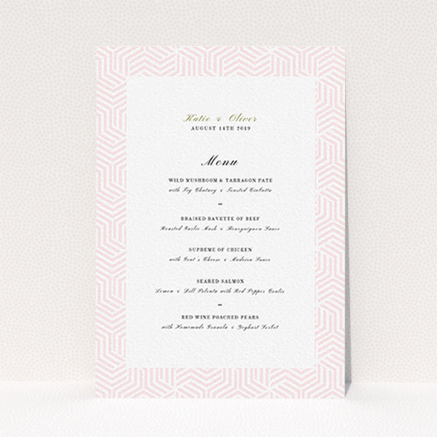 A wedding menu card design called "Pink geometric maze". It is an A6 menu in a portrait orientation. "Pink geometric maze" is available as a flat menu, with tones of pink and white.