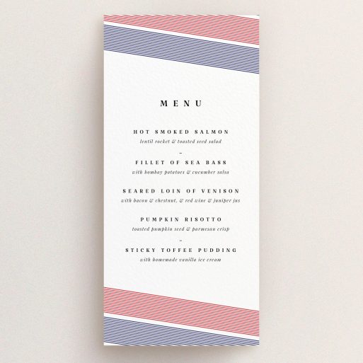 Wedding Menu Card Design - "Preppy Lines" A wedding menu card named "Preppy Lines". It is a tall (DL) menu in a portrait orientation. "Preppy Lines" is available as a flat menu, with tones of white, blue and red.