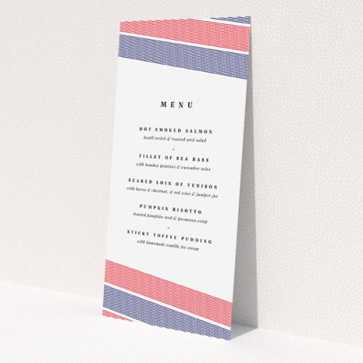 A wedding menu card named 'Preppy Lines'. It is a tall (DL) menu in a portrait orientation. 'Preppy Lines' is available as a flat menu, with tones of white, blue and red.