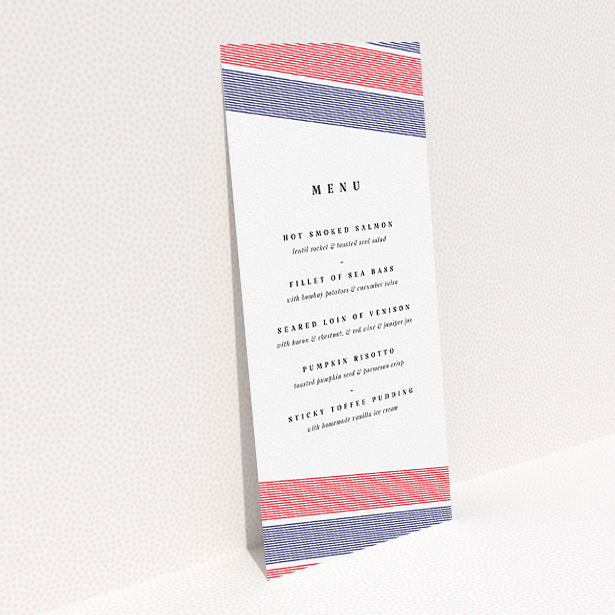 A wedding menu card named "Preppy Lines". It is a tall (DL) menu in a portrait orientation. "Preppy Lines" is available as a flat menu, with tones of white, blue and red.