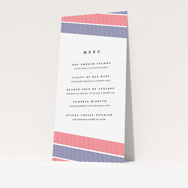A wedding menu card named "Preppy Lines". It is a tall (DL) menu in a portrait orientation. "Preppy Lines" is available as a flat menu, with tones of white, blue and red.
