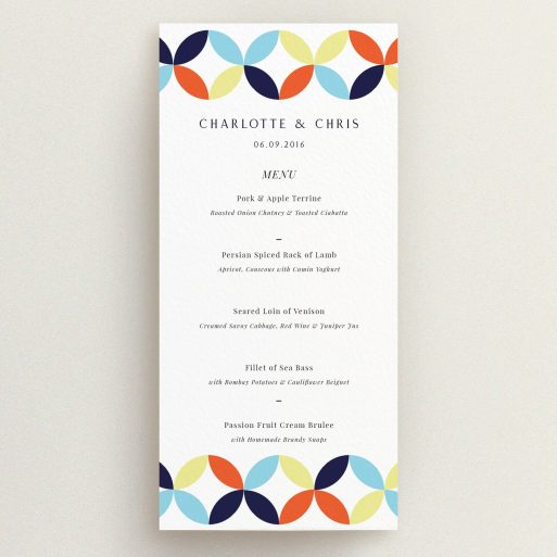 Wedding Menu Card Design - "Round and Round" A wedding menu card design titled "Round and Round". It is a tall (DL) menu in a portrait orientation. "Round and Round" is available as a flat menu, with mainly light blue colouring.