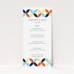 A wedding menu card design titled "Round and Round". It is a tall (DL) menu in a portrait orientation. "Round and Round" is available as a flat menu, with mainly light blue colouring.