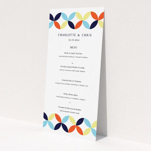 A wedding menu card design titled 'Round and Round'. It is a tall (DL) menu in a portrait orientation. 'Round and Round' is available as a flat menu, with mainly light blue colouring.