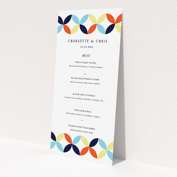 A wedding menu card design titled "Round and Round". It is a tall (DL) menu in a portrait orientation. "Round and Round" is available as a flat menu, with mainly light blue colouring.