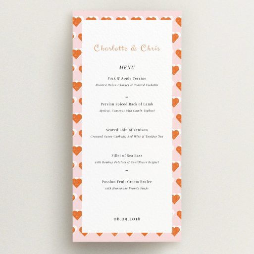 Wedding Menu Card Design - "Rustic Hearts" A wedding menu card named "Rustic Hearts". It is a tall (DL) menu in a portrait orientation. "Rustic Hearts" is available as a flat menu, with tones of pink and orange.