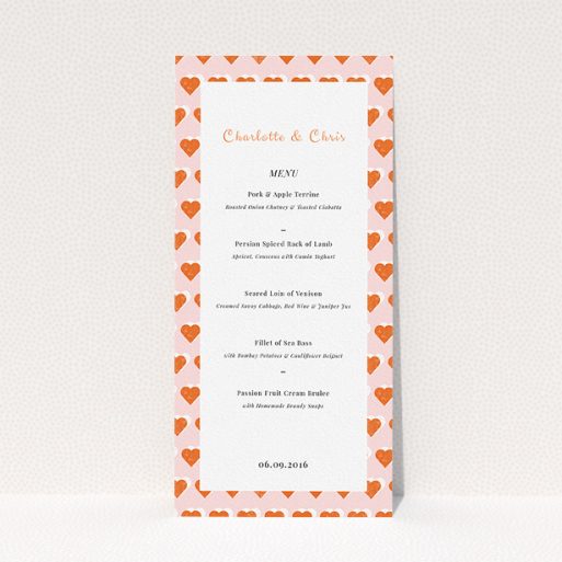 A wedding menu card named "Rustic Hearts". It is a tall (DL) menu in a portrait orientation. "Rustic Hearts" is available as a flat menu, with tones of pink and orange.