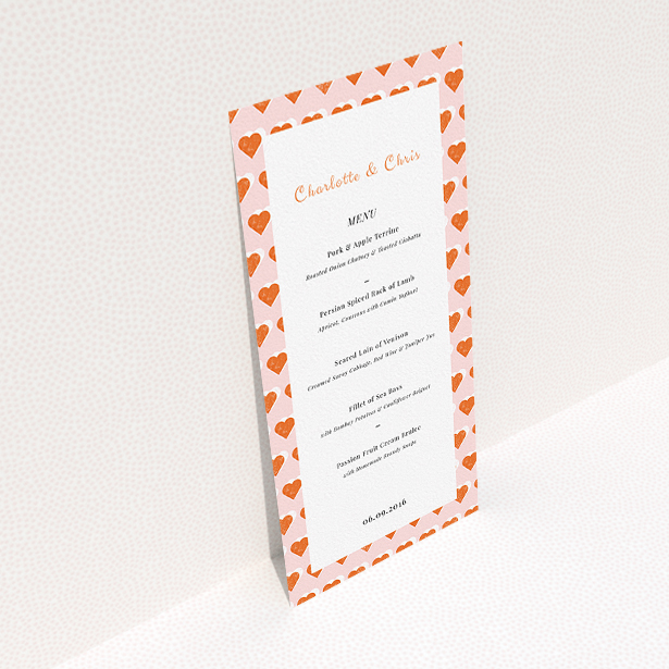 A wedding menu card named "Rustic Hearts". It is a tall (DL) menu in a portrait orientation. "Rustic Hearts" is available as a flat menu, with tones of pink and orange.