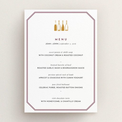 A wedding menu card called "See you at the reception". It is an A5 menu in a portrait orientation. "See you at the reception" is available as a flat menu, with tones of burgundy and gold.