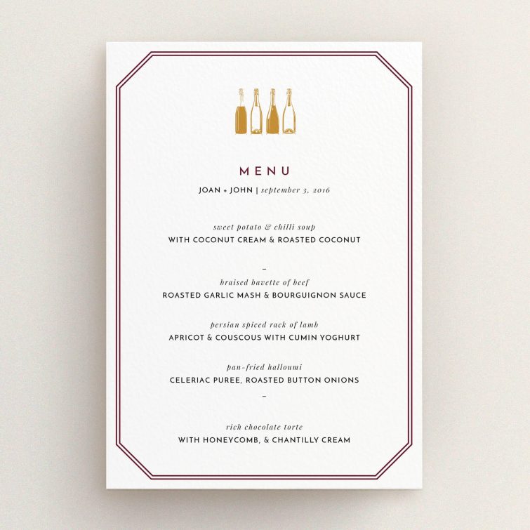 A wedding menu card called "See you at the reception". It is an A5 menu in a portrait orientation. "See you at the reception" is available as a flat menu, with tones of burgundy and gold.