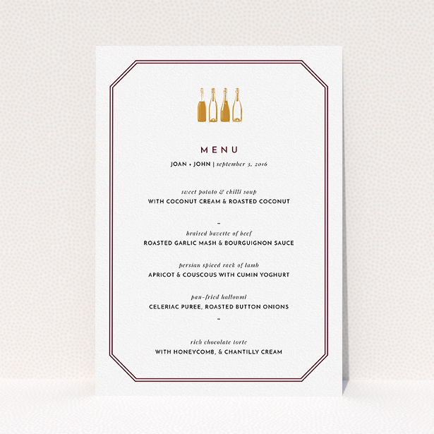 A wedding menu card called "See you at the reception". It is an A5 menu in a portrait orientation. "See you at the reception" is available as a flat menu, with tones of burgundy and gold.