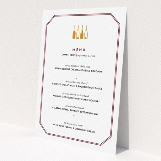 A wedding menu card called 'See you at the reception'. It is an A5 menu in a portrait orientation. 'See you at the reception' is available as a flat menu, with tones of burgundy and gold.