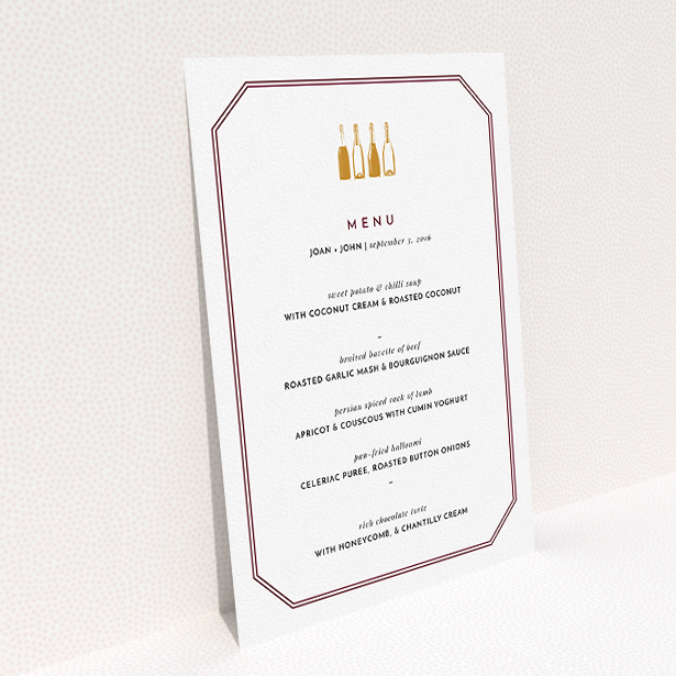 A wedding menu card called "See you at the reception". It is an A5 menu in a portrait orientation. "See you at the reception" is available as a flat menu, with tones of burgundy and gold.