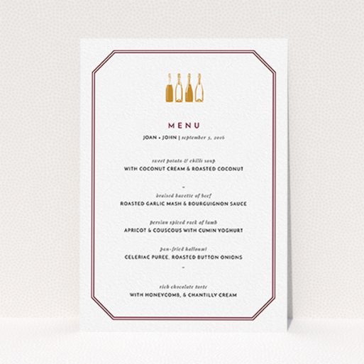 A wedding menu card design titled "See you at the reception". It is an A6 menu in a portrait orientation. "See you at the reception" is available as a flat menu, with tones of burgundy and gold.