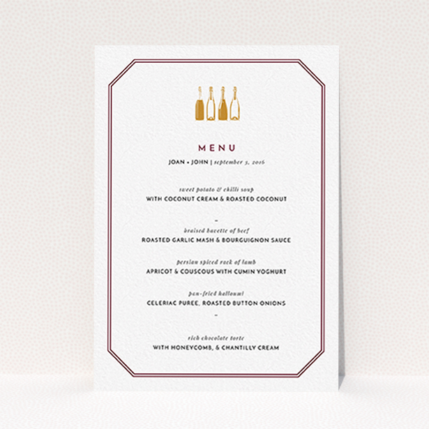A wedding menu card design titled "See you at the reception". It is an A6 menu in a portrait orientation. "See you at the reception" is available as a flat menu, with tones of burgundy and gold.