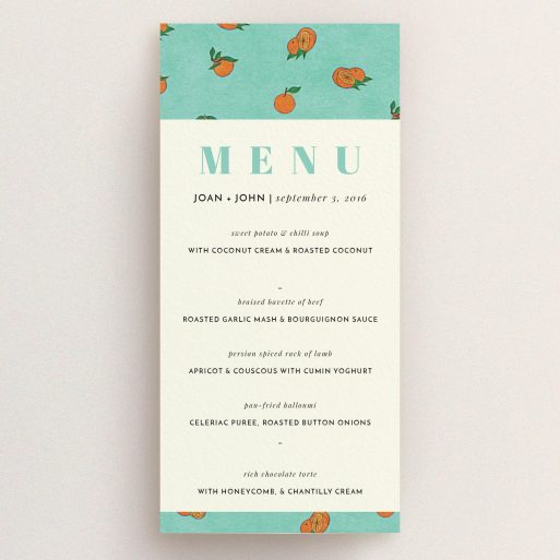 Wedding Menu Card Design - "Seville" A wedding menu card template titled "Seville". It is a tall (DL) menu in a portrait orientation. "Seville" is available as a flat menu, with tones of green and orange.