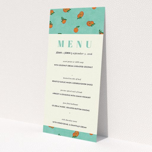 A wedding menu card template titled 'Seville'. It is a tall (DL) menu in a portrait orientation. 'Seville' is available as a flat menu, with tones of green and orange.