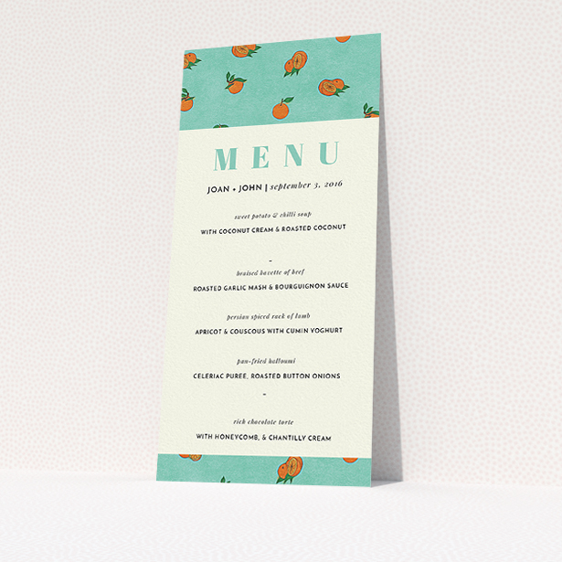 A wedding menu card template titled "Seville". It is a tall (DL) menu in a portrait orientation. "Seville" is available as a flat menu, with tones of green and orange.