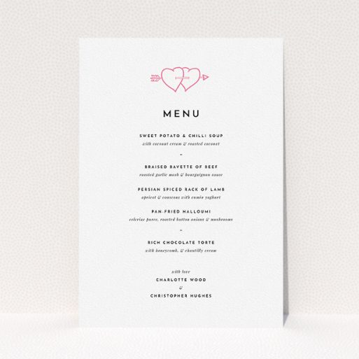 A wedding menu card design named "Shot to the hearts". It is an A5 menu in a portrait orientation. "Shot to the hearts" is available as a flat menu, with tones of white and pink.