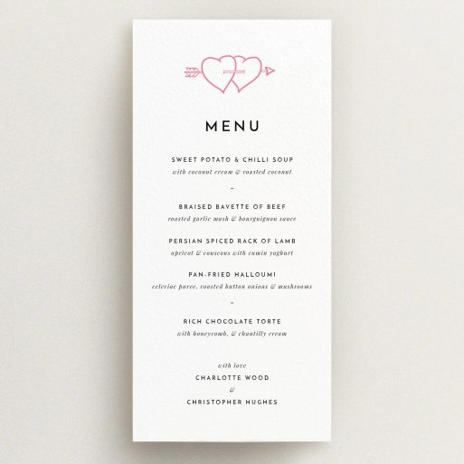 Wedding Menu Card Design - "Shot to the hearts" A wedding menu card named "Shot to the hearts". It is a tall (DL) menu in a portrait orientation. "Shot to the hearts" is available as a flat menu, with tones of white and pink.