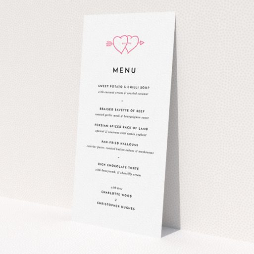 A wedding menu card named 'Shot to the hearts'. It is a tall (DL) menu in a portrait orientation. 'Shot to the hearts' is available as a flat menu, with tones of white and pink.