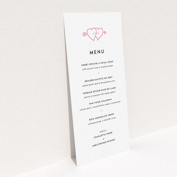 A wedding menu card named "Shot to the hearts". It is a tall (DL) menu in a portrait orientation. "Shot to the hearts" is available as a flat menu, with tones of white and pink.