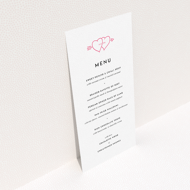 A wedding menu card named "Shot to the hearts". It is a tall (DL) menu in a portrait orientation. "Shot to the hearts" is available as a flat menu, with tones of white and pink.
