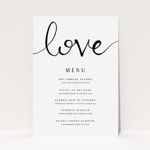 A wedding menu card called "Simply Love". It is an A5 menu in a portrait orientation. "Simply Love" is available as a flat menu, with tones of white and black.