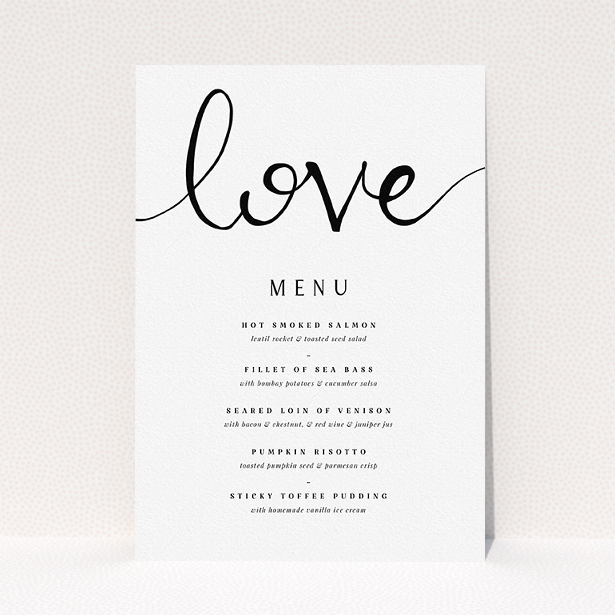 A wedding menu card called "Simply Love". It is an A5 menu in a portrait orientation. "Simply Love" is available as a flat menu, with tones of white and black.