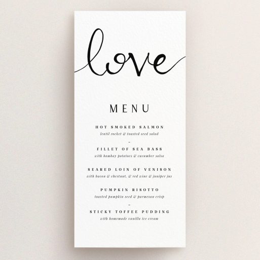 A wedding menu card design called "Simply Love". It is a tall (DL) menu in a portrait orientation. "Simply Love" is available as a flat menu, with tones of white and black.