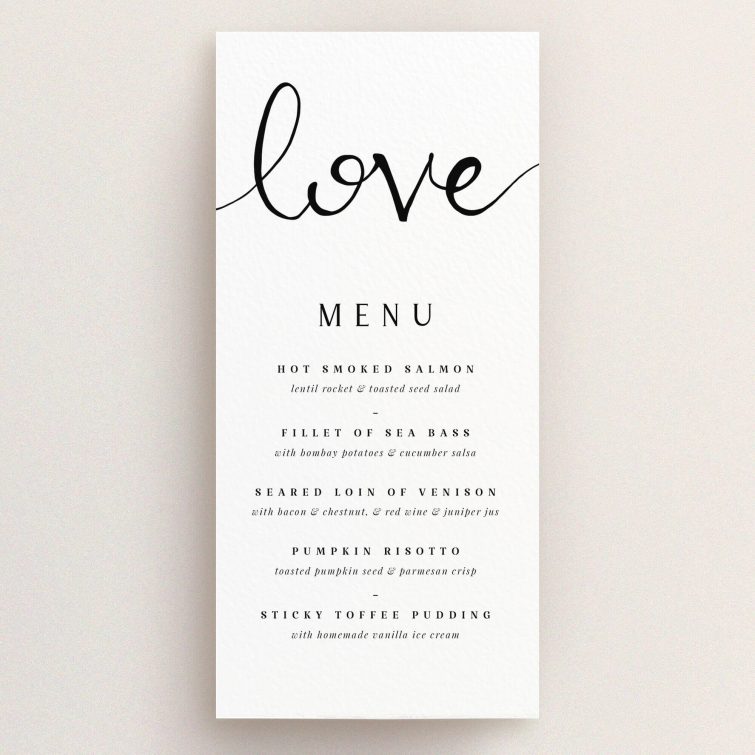 A wedding menu card design called "Simply Love". It is a tall (DL) menu in a portrait orientation. "Simply Love" is available as a flat menu, with tones of white and black.