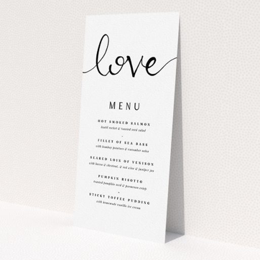 A wedding menu card design called 'Simply Love'. It is a tall (DL) menu in a portrait orientation. 'Simply Love' is available as a flat menu, with tones of white and black.