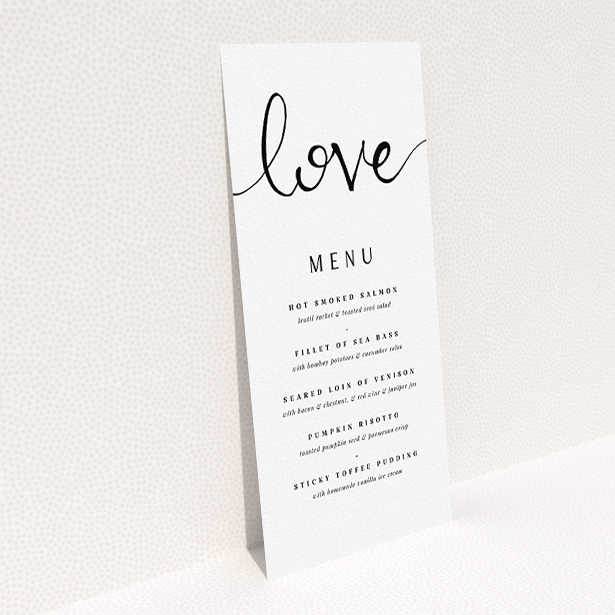 A wedding menu card design called "Simply Love". It is a tall (DL) menu in a portrait orientation. "Simply Love" is available as a flat menu, with tones of white and black.