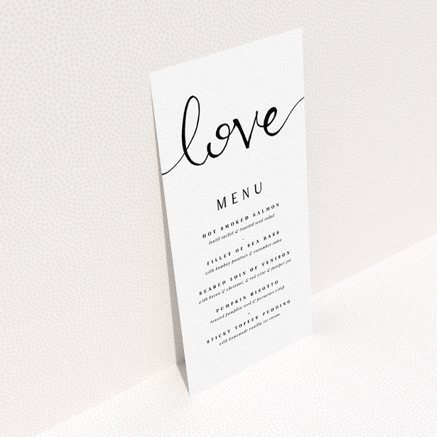 A wedding menu card design called "Simply Love". It is a tall (DL) menu in a portrait orientation. "Simply Love" is available as a flat menu, with tones of white and black.