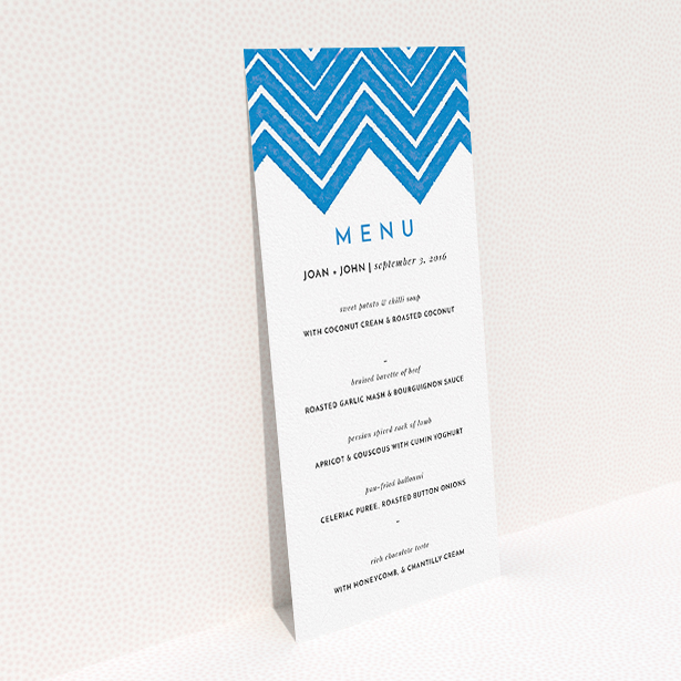 A wedding menu card design titled "Skiapthos". It is a tall (DL) menu in a portrait orientation. "Skiapthos" is available as a flat menu, with tones of blue and white.